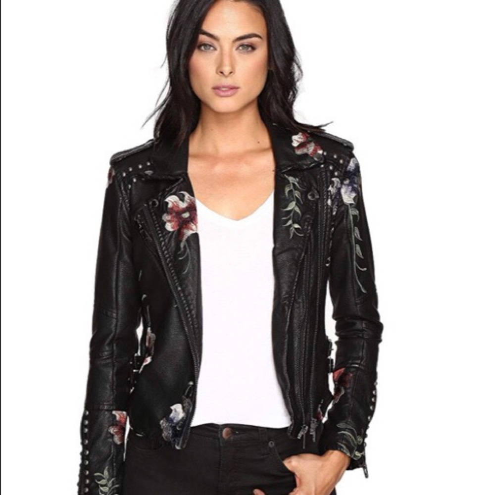 BLANKNYC floral studded faux leather biker jacket.